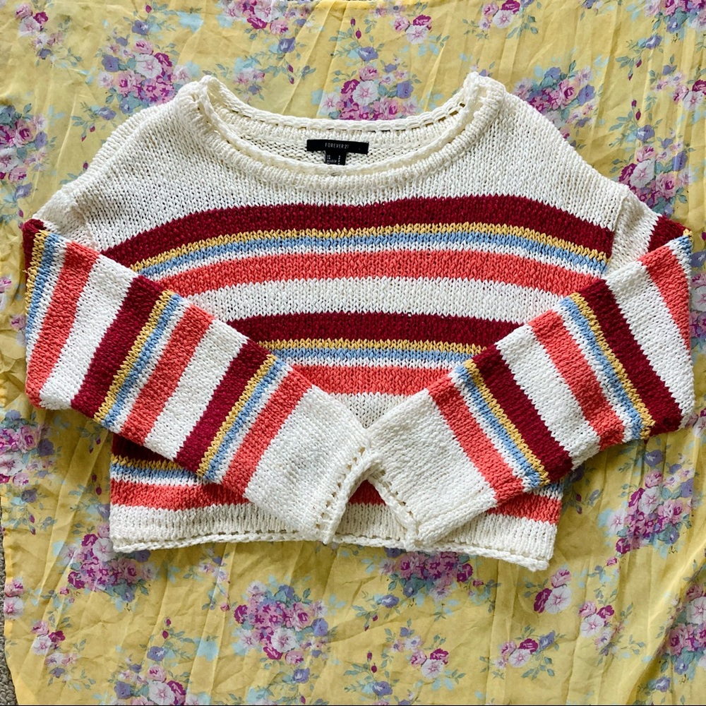 Super Cute Striped Multicolor Rainbow Sweater Knit Jumper Forever 21 Cropped
